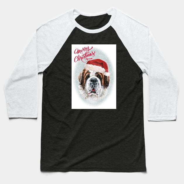 Saint Bernard Merry Christmas Santa Dog Holiday Greeting Baseball T-Shirt by Puppy Eyes